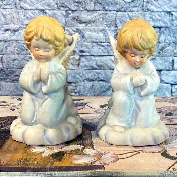Vintage Porcelain Praying Angel Candlestick Holders Set of Two Cherubs - Picture 2 of 6